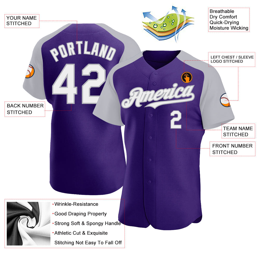 Custom Purple White-Gray Authentic Raglan Sleeves Baseball Jersey view 3