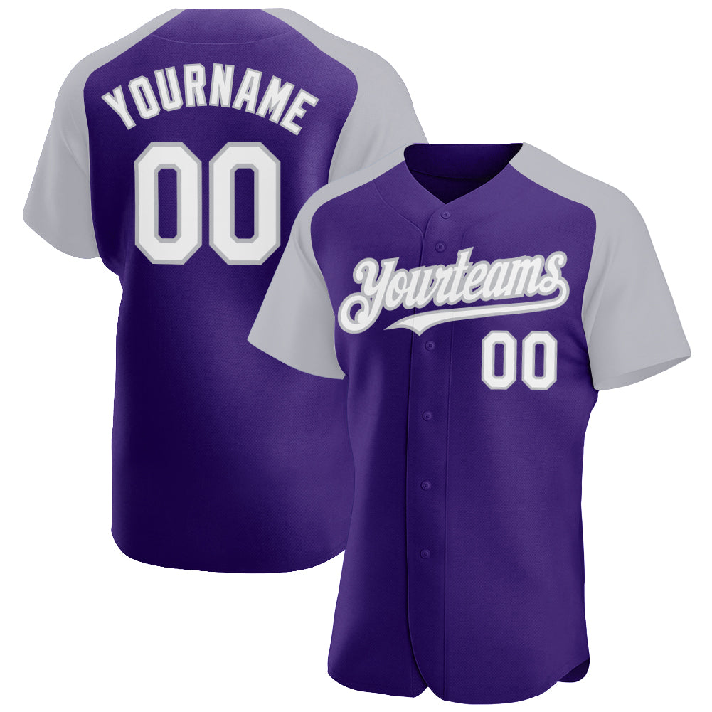 Custom Purple White-Gray Authentic Raglan Sleeves Baseball Jersey - Main View