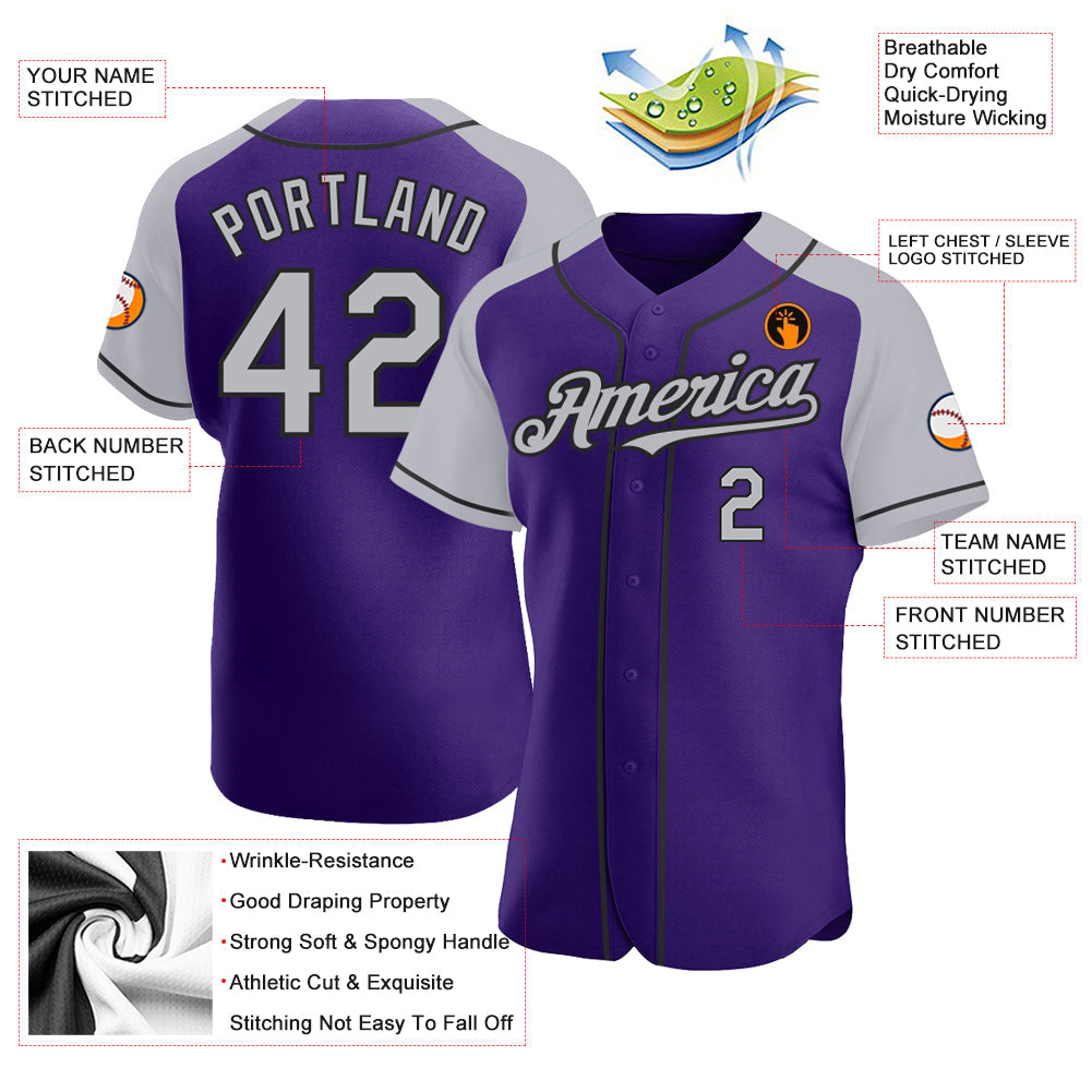 Custom Purple Gray-Black Authentic Raglan Sleeves Baseball Jersey view 3