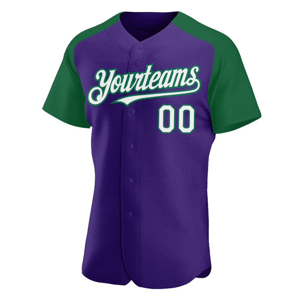 Custom Purple White-Kelly Green Authentic Raglan Sleeves Baseball Jersey view 2