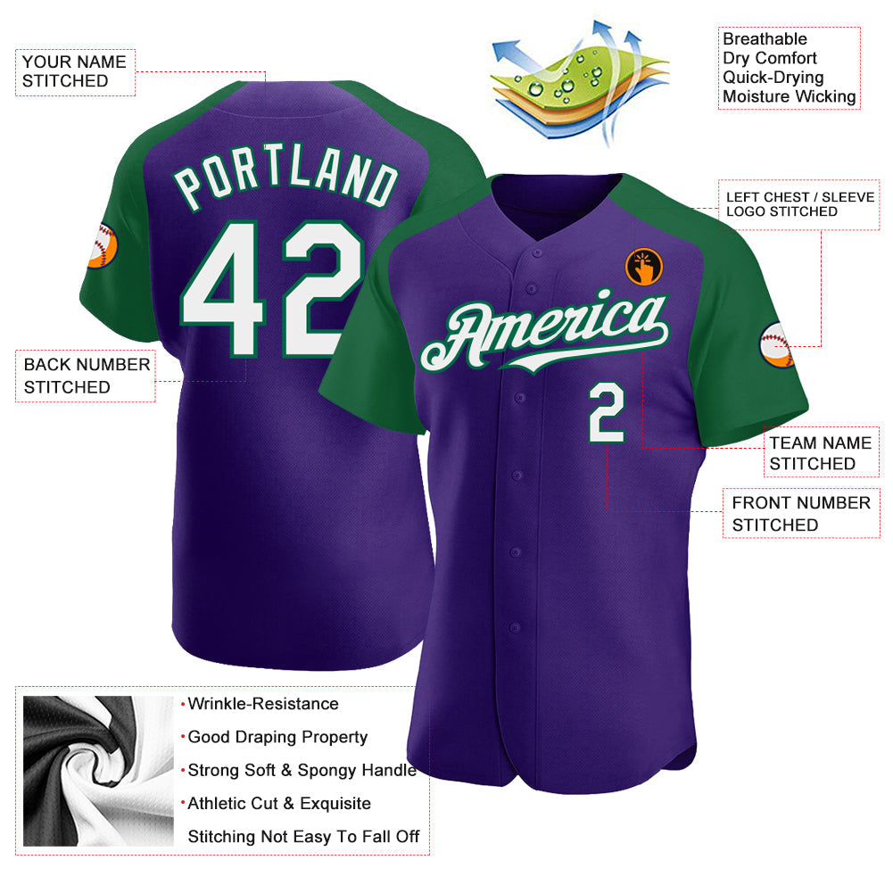 Custom Purple White-Kelly Green Authentic Raglan Sleeves Baseball Jersey view 3