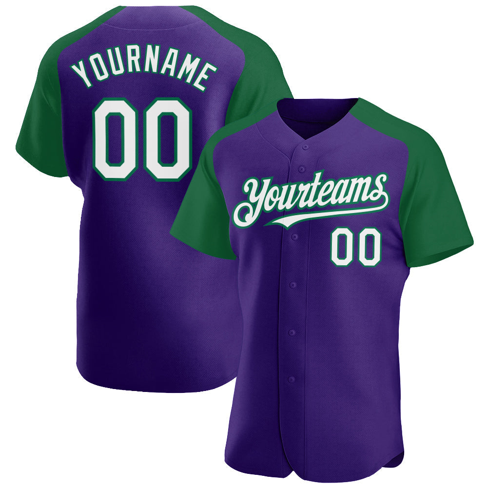 Custom Purple White-Kelly Green Authentic Raglan Sleeves Baseball Jersey - Main View