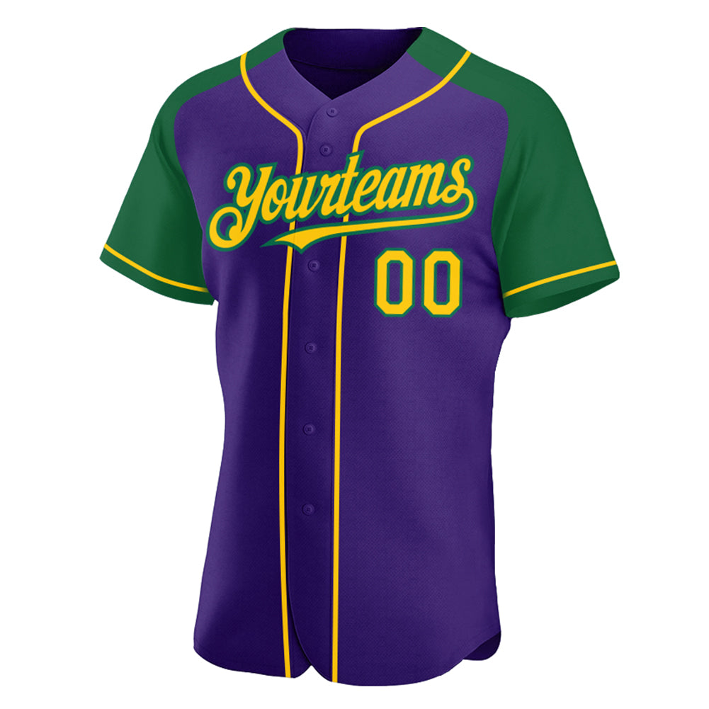 Custom Purple Yellow-Kelly Green Authentic Raglan Sleeves Baseball Jersey view 2
