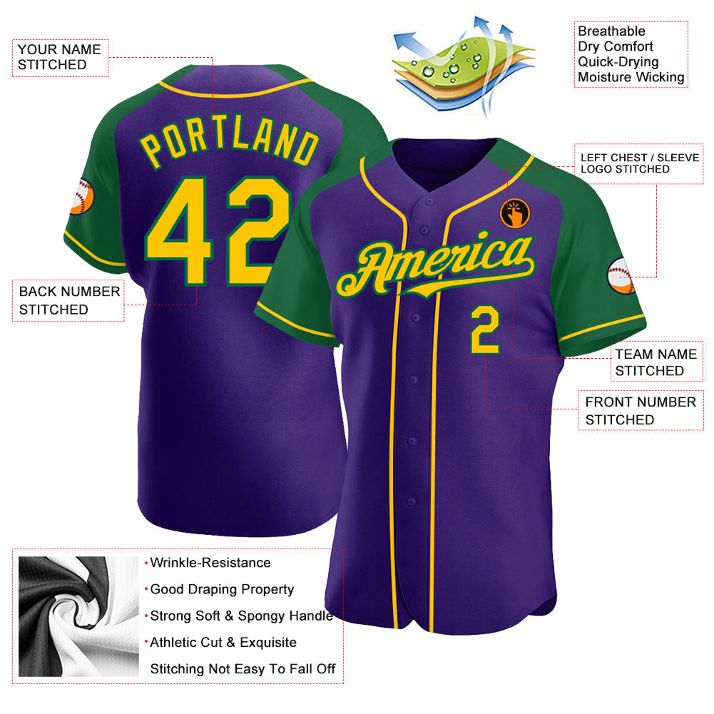 Custom Purple Yellow-Kelly Green Authentic Raglan Sleeves Baseball Jersey view 3