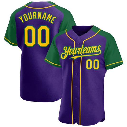 Custom Purple Yellow-Kelly Green Authentic Raglan Sleeves Baseball Jersey - Main View