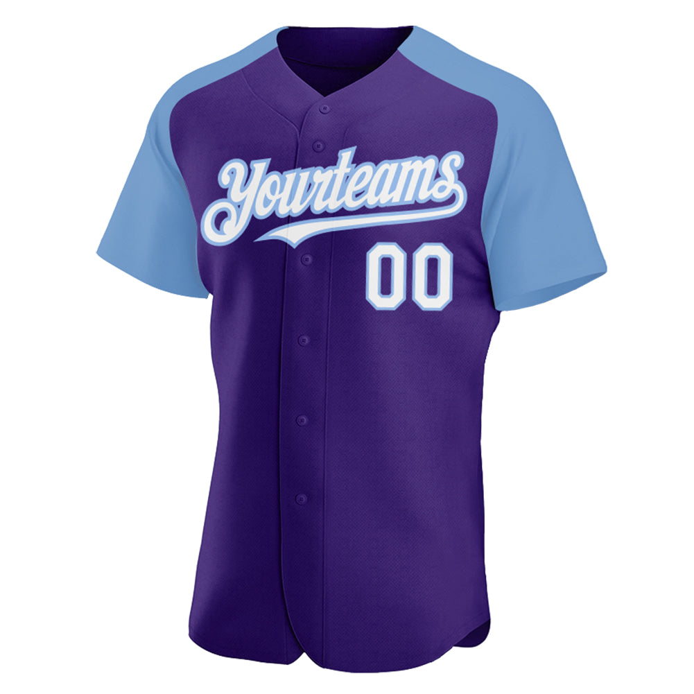 Custom Purple White-Light Blue Authentic Raglan Sleeves Baseball Jersey view 2