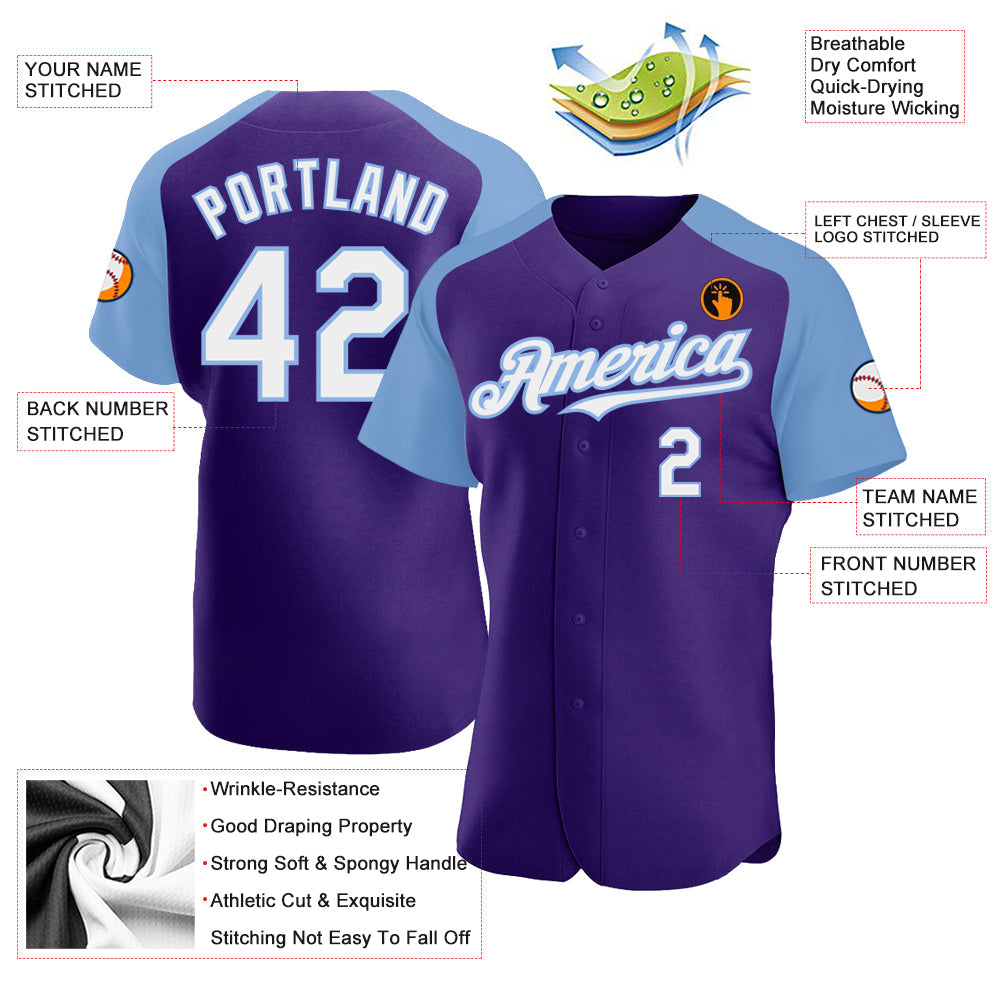 Custom Purple White-Light Blue Authentic Raglan Sleeves Baseball Jersey view 3