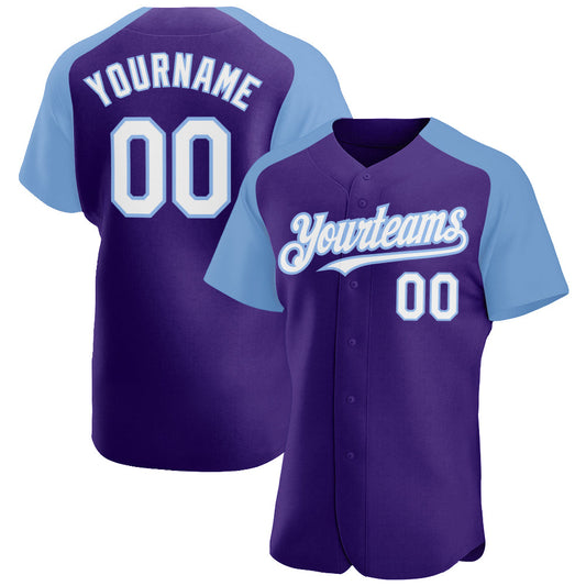 Custom Purple White-Light Blue Authentic Raglan Sleeves Baseball Jersey - Main View