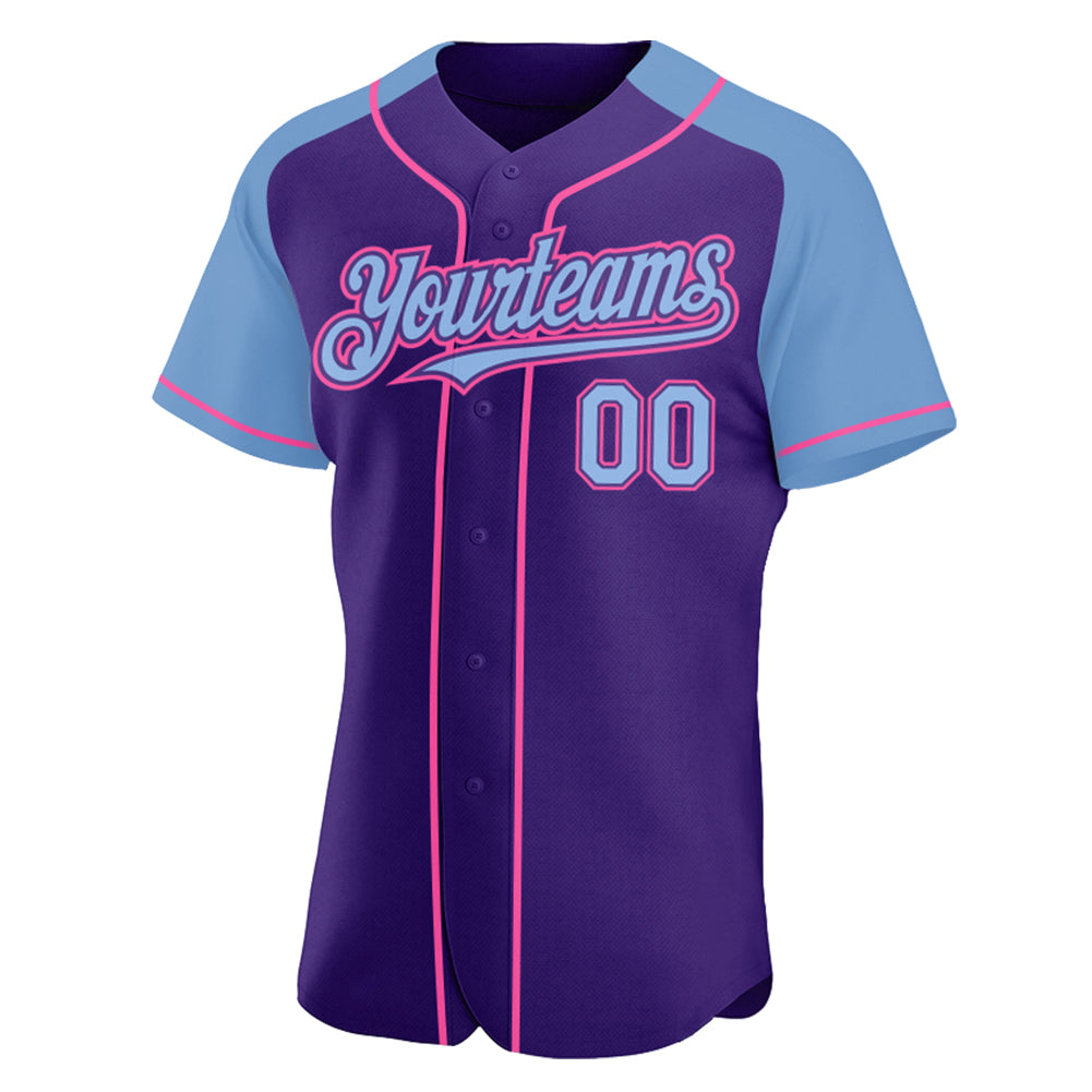 Custom Purple Light Blue-Pink Authentic Raglan Sleeves Baseball Jersey view 2