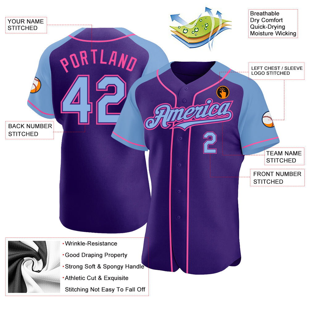 Custom Purple Light Blue-Pink Authentic Raglan Sleeves Baseball Jersey view 3