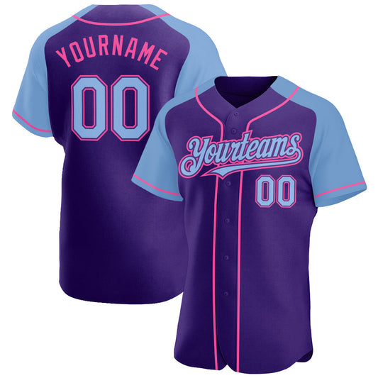 Custom Purple Light Blue-Pink Authentic Raglan Sleeves Baseball Jersey - Main View