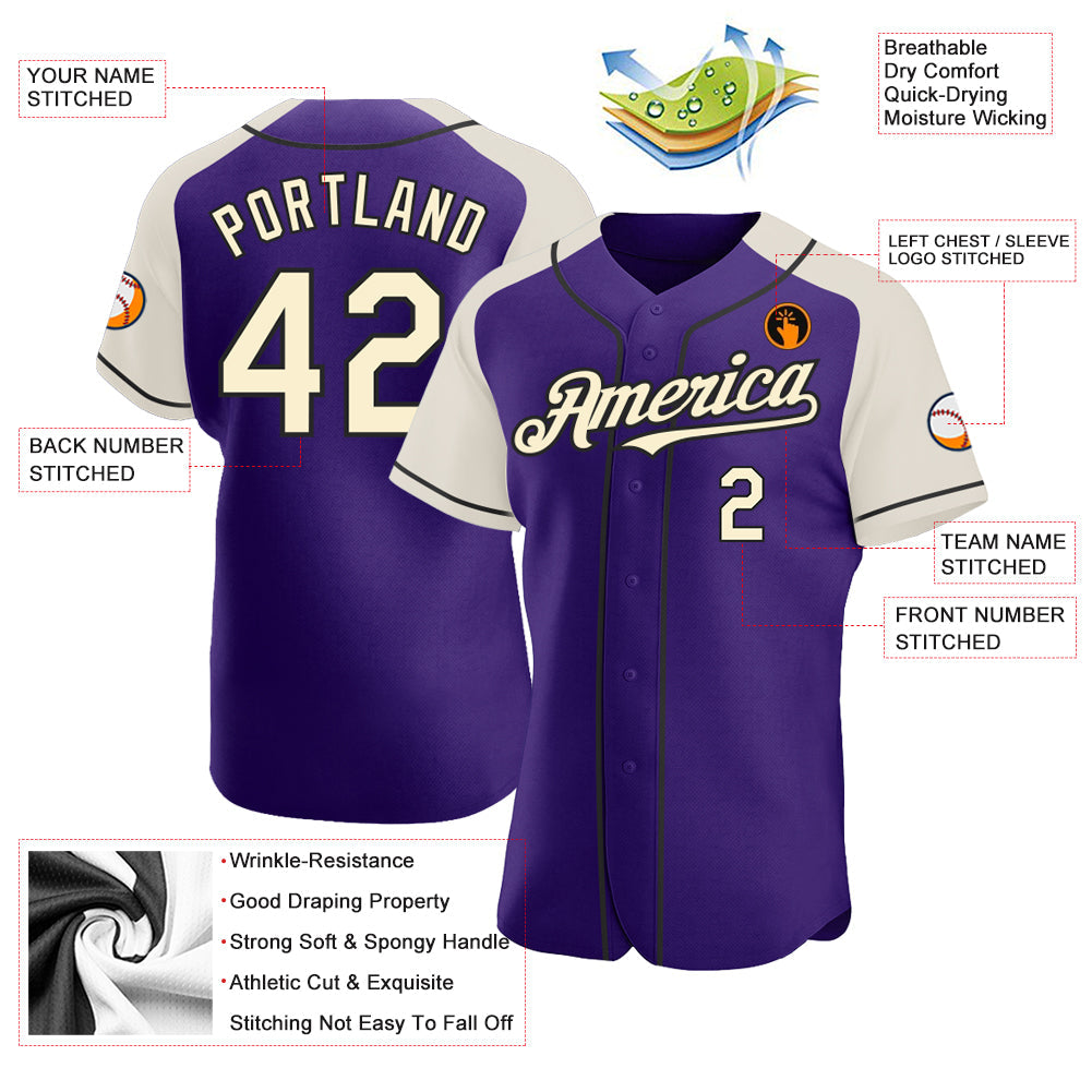 Custom Purple Cream-Black Authentic Raglan Sleeves Baseball Jersey view 3