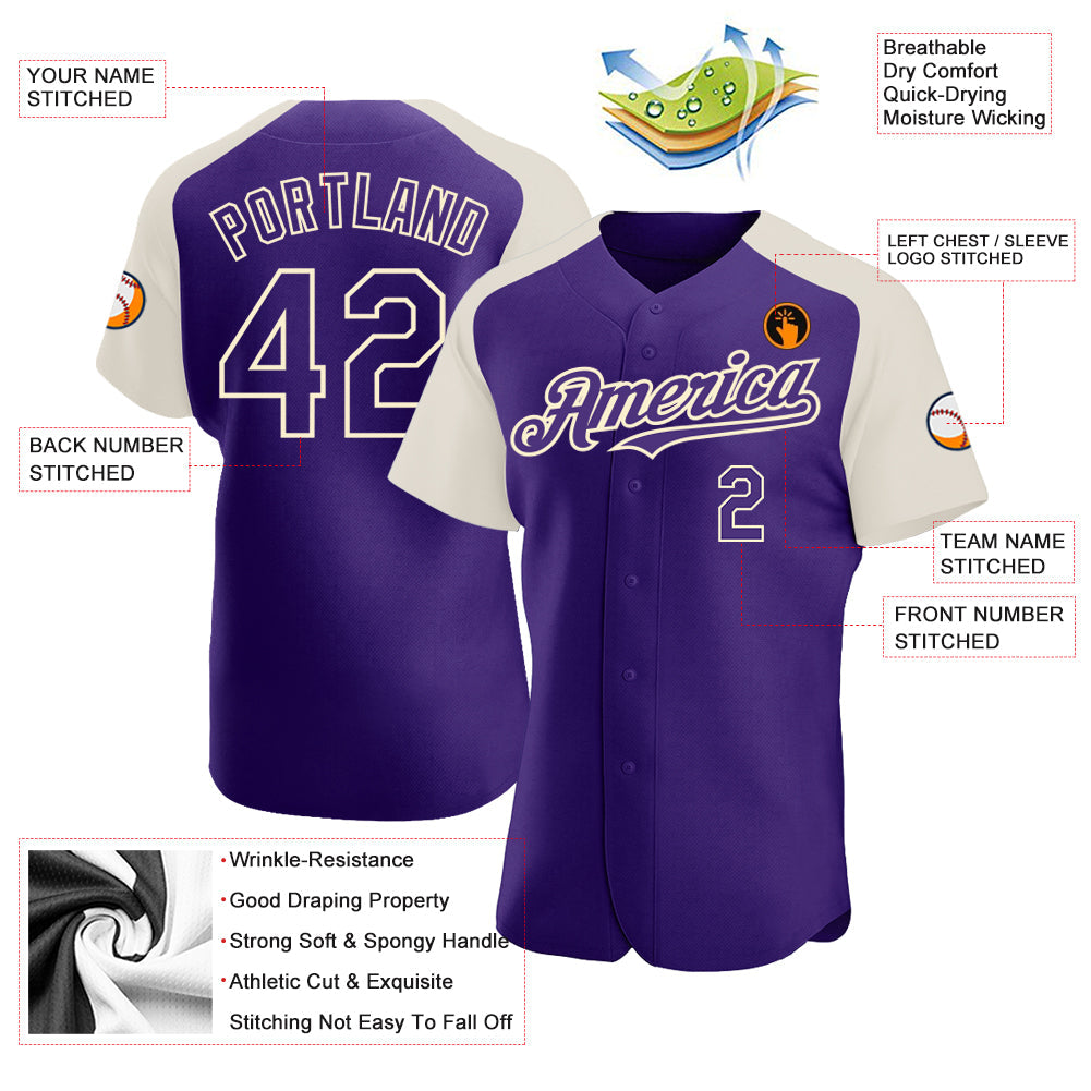 Custom Purple Cream Authentic Raglan Sleeves Baseball Jersey view 3