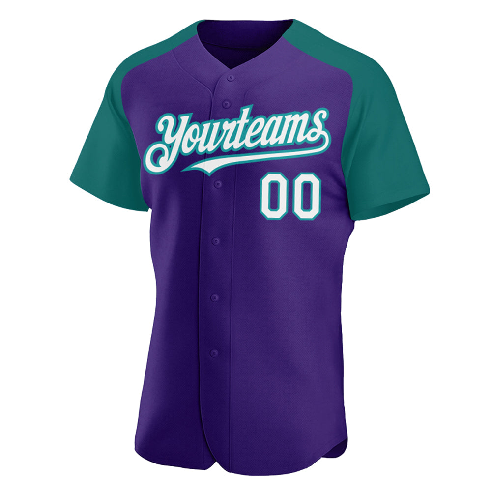 Custom Purple White-Teal Authentic Raglan Sleeves Baseball Jersey view 2