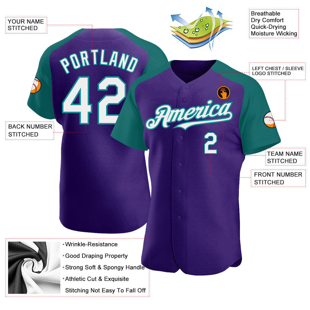 Custom Purple White-Teal Authentic Raglan Sleeves Baseball Jersey view 3