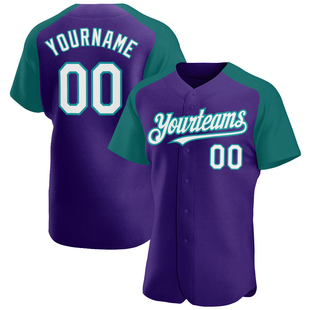 Custom Purple White-Teal Authentic Raglan Sleeves Baseball Jersey - Main View