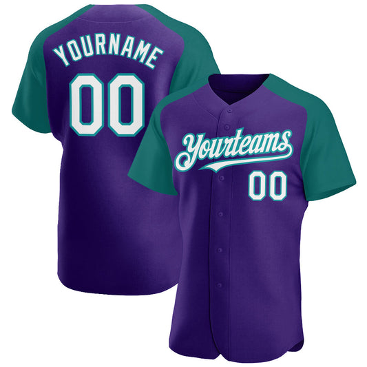 Custom Purple White-Teal Authentic Raglan Sleeves Baseball Jersey - Main View