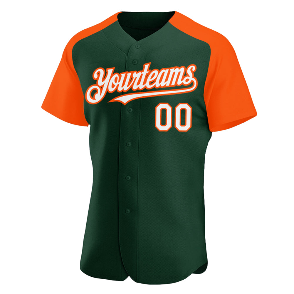 Custom Green White-Orange Authentic Raglan Sleeves Baseball Jersey view 2