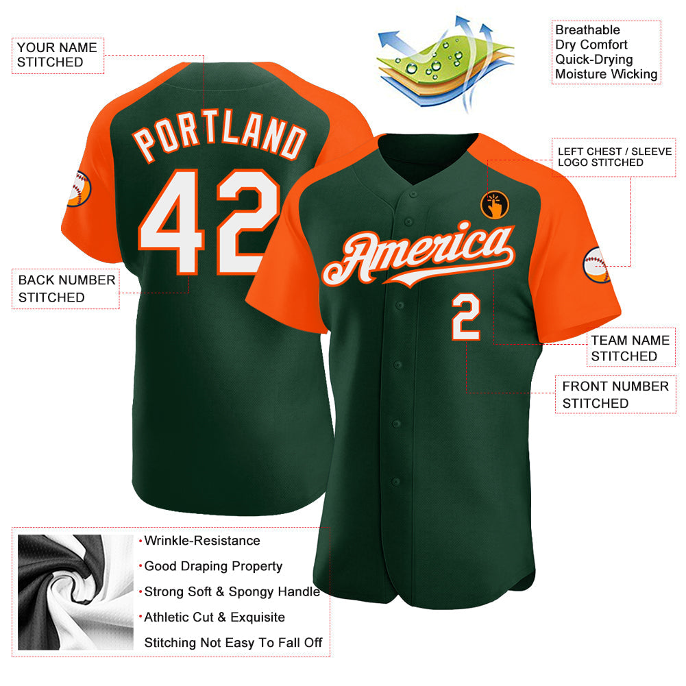 Custom Green White-Orange Authentic Raglan Sleeves Baseball Jersey view 3