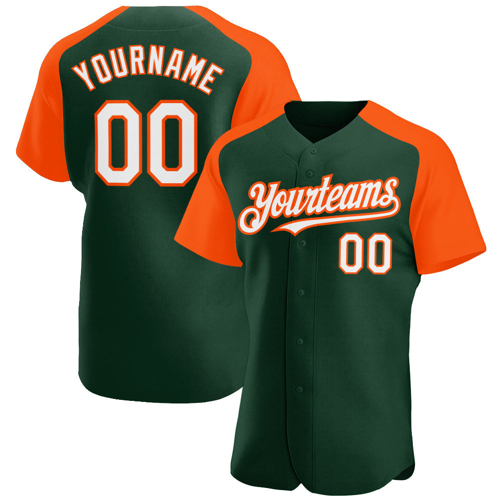 Custom Green White-Orange Authentic Raglan Sleeves Baseball Jersey - Main View