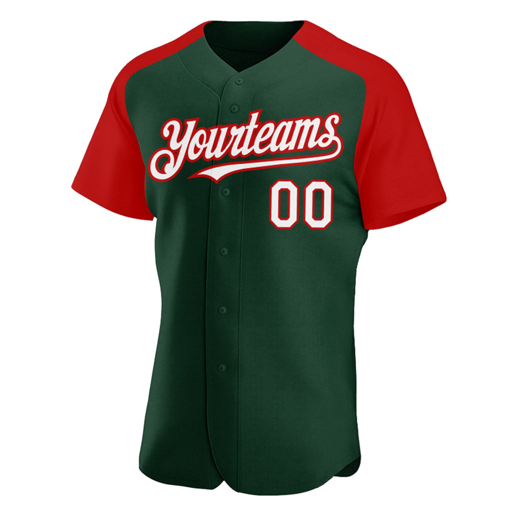 Custom Green White-Red Authentic Raglan Sleeves Baseball Jersey view 2