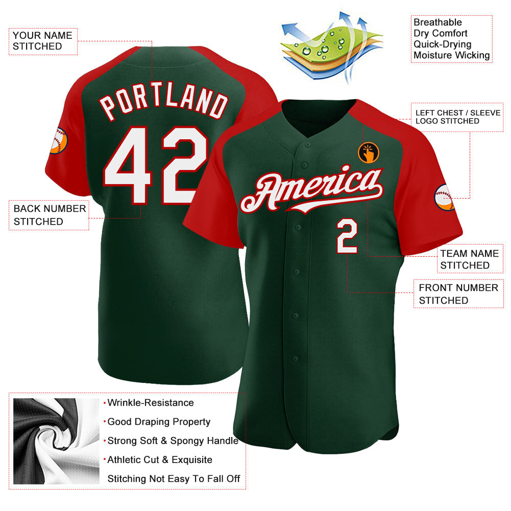 Custom Green White-Red Authentic Raglan Sleeves Baseball Jersey view 3