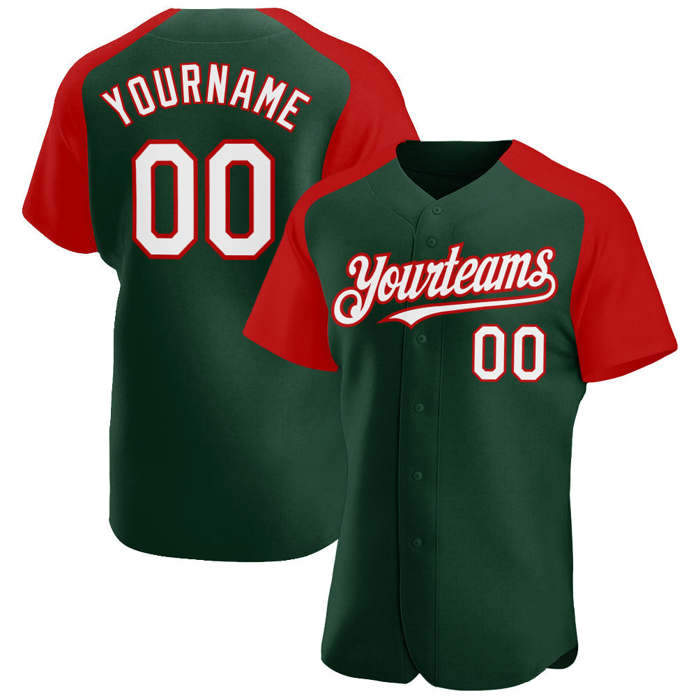 Custom Green White-Red Authentic Raglan Sleeves Baseball Jersey - Main View