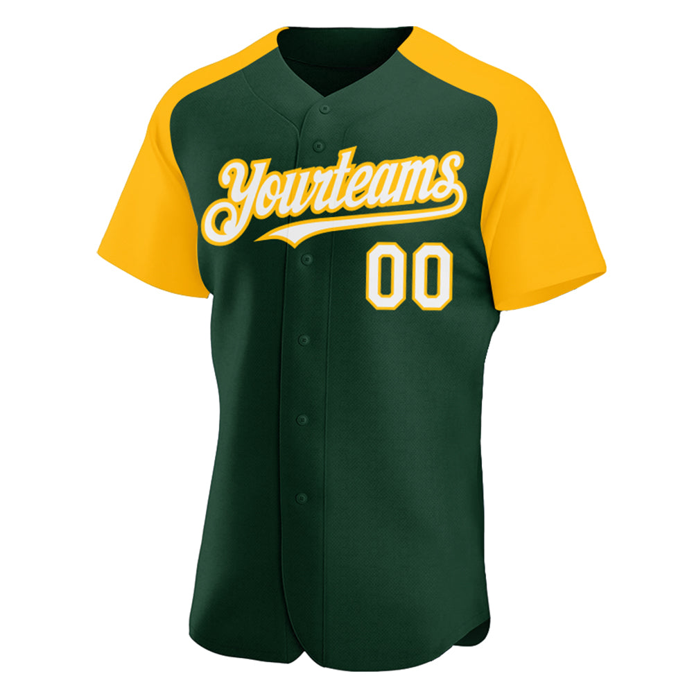 Custom Green White-Gold Authentic Raglan Sleeves Baseball Jersey view 2