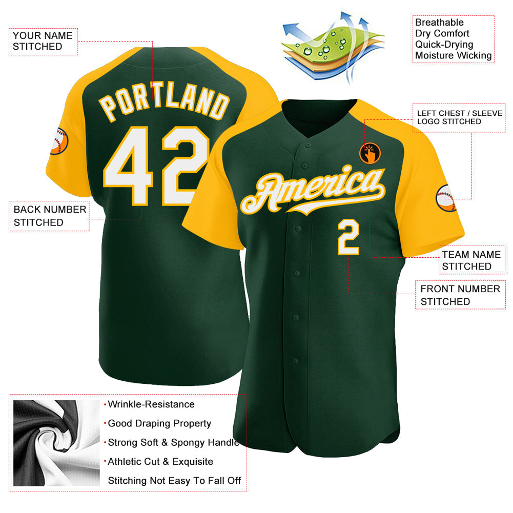 Custom Green White-Gold Authentic Raglan Sleeves Baseball Jersey view 3