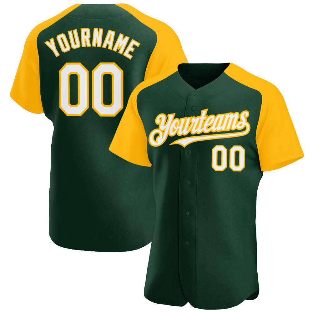 Custom Green White-Gold Authentic Raglan Sleeves Baseball Jersey - Main View