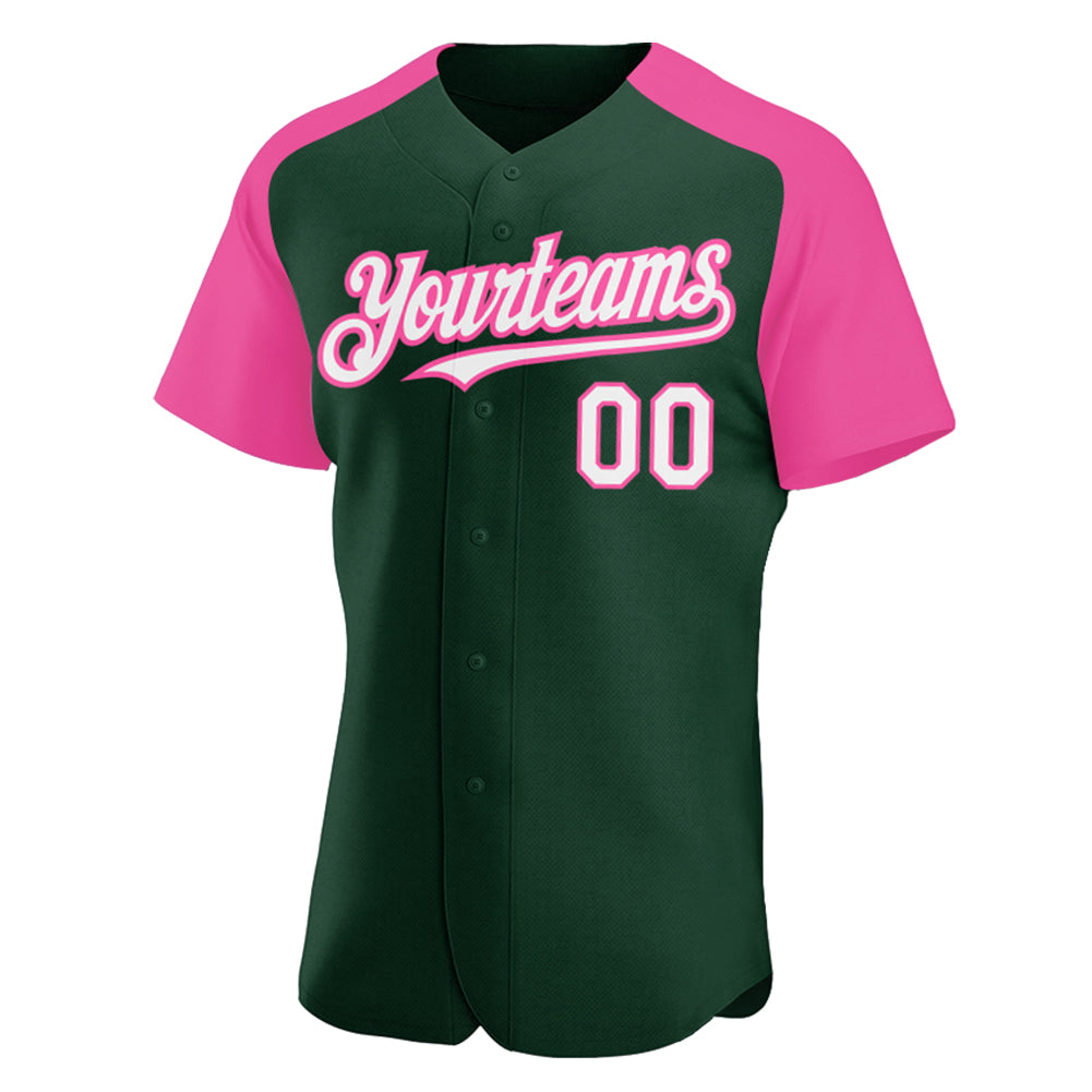 Custom Green White-Pink Authentic Raglan Sleeves Baseball Jersey view 2