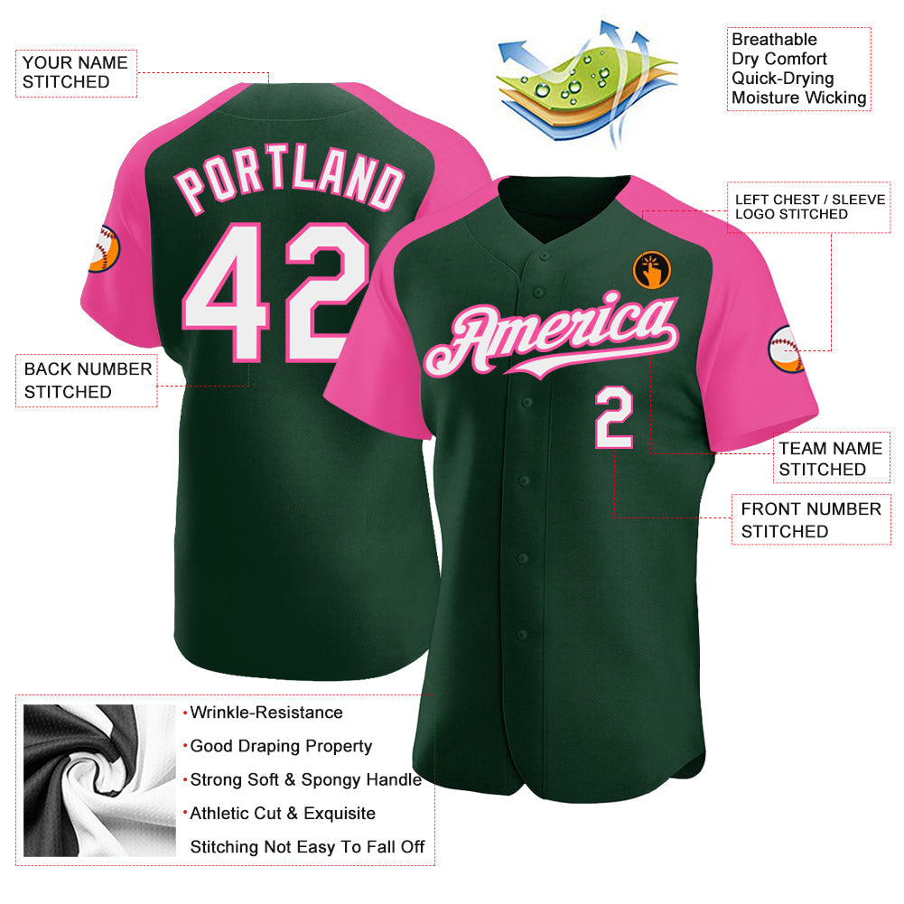 Custom Green White-Pink Authentic Raglan Sleeves Baseball Jersey view 3