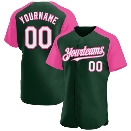 Custom Green White-Pink Authentic Raglan Sleeves Baseball Jersey - Main View