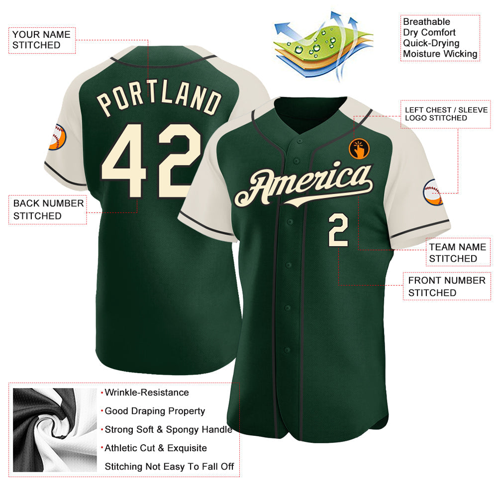 Custom Green Cream-Black Authentic Raglan Sleeves Baseball Jersey view 3