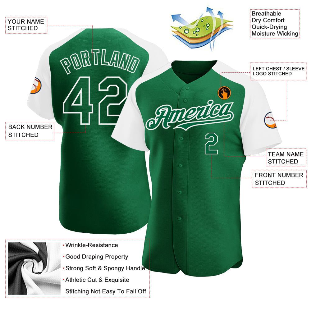 Custom Kelly Green White Authentic Raglan Sleeves Baseball Jersey view 3