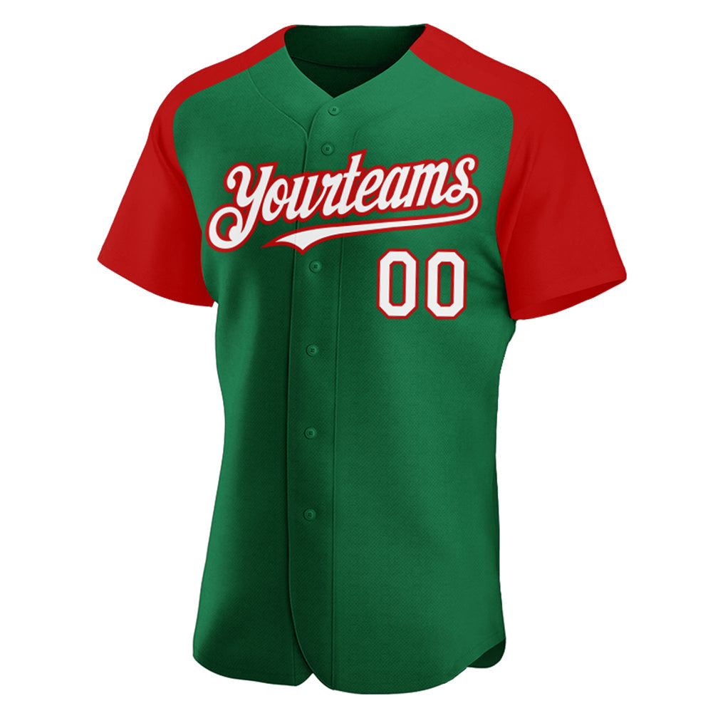 Custom Kelly Green White-Red Authentic Raglan Sleeves Baseball Jersey view 2