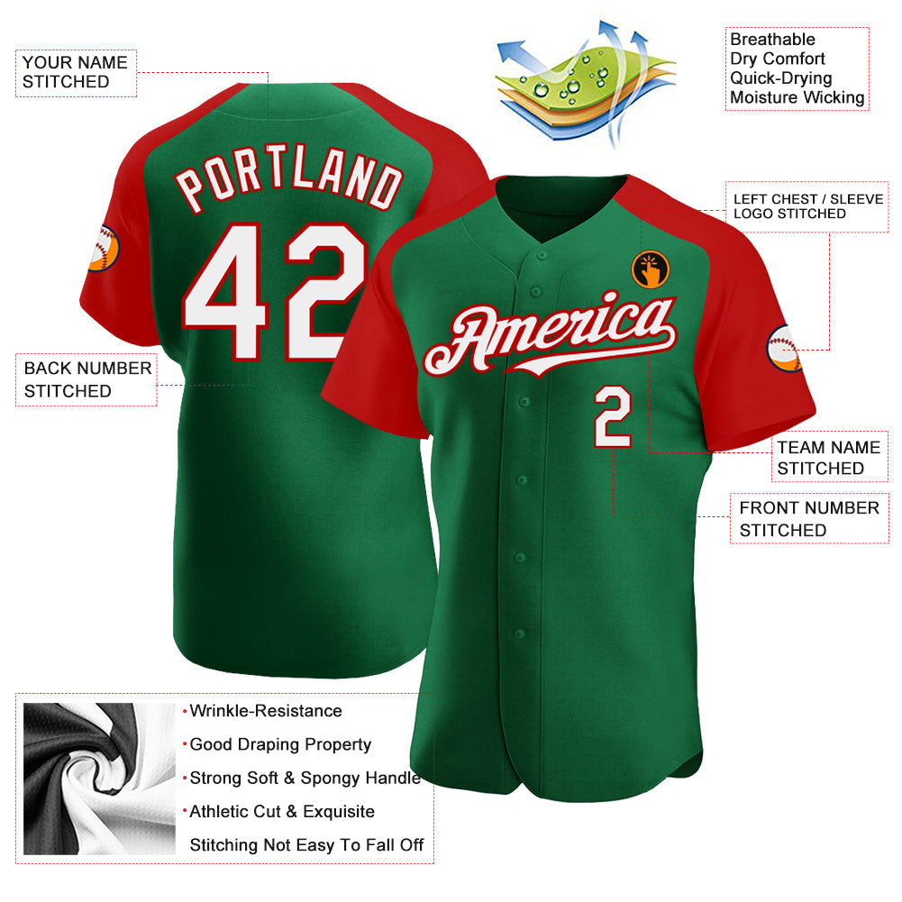 Custom Kelly Green White-Red Authentic Raglan Sleeves Baseball Jersey view 3