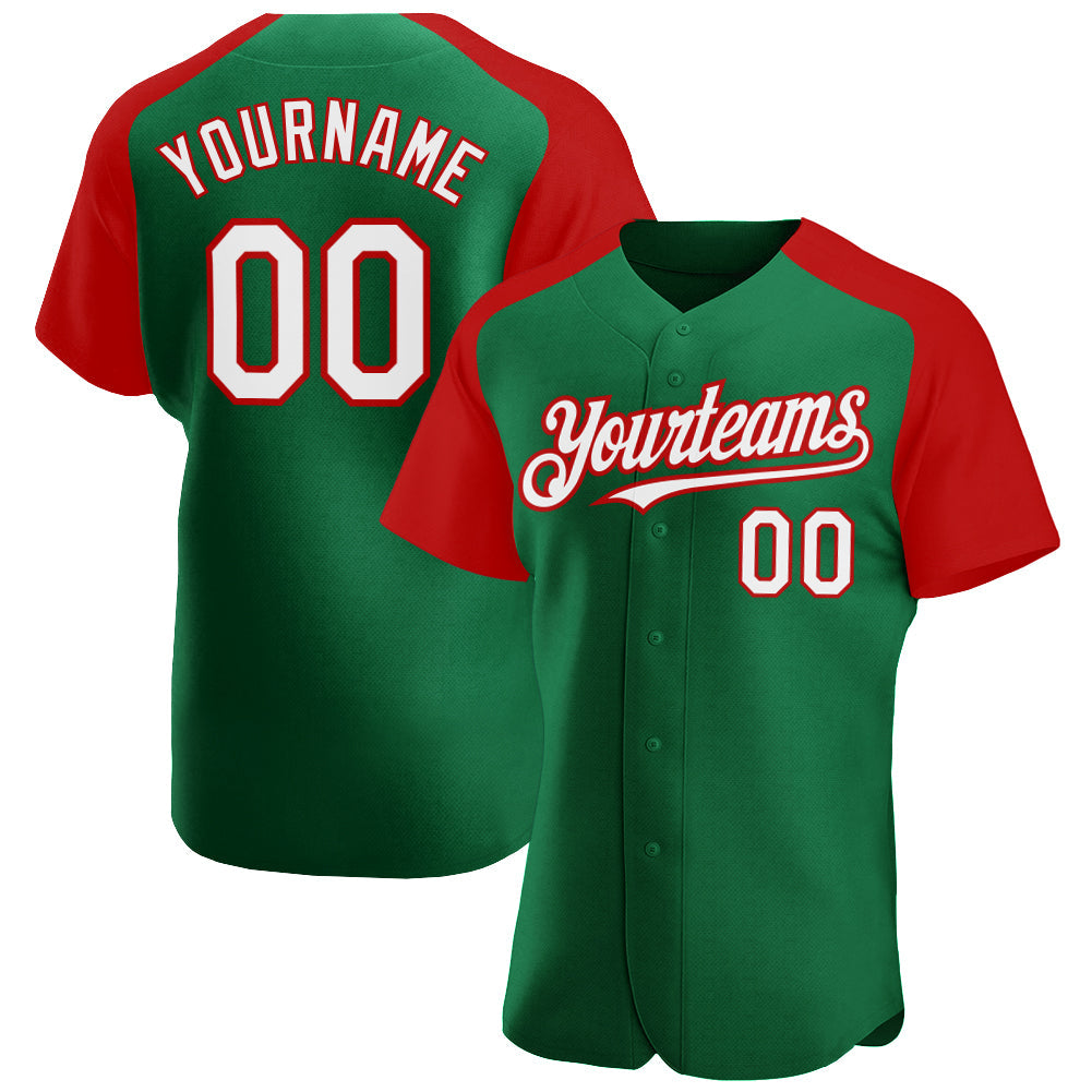 Custom Kelly Green White-Red Authentic Raglan Sleeves Baseball Jersey - Main View