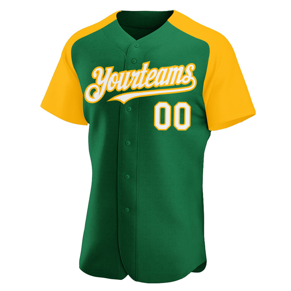 Custom Kelly Green White-Gold Authentic Raglan Sleeves Baseball Jersey view 2