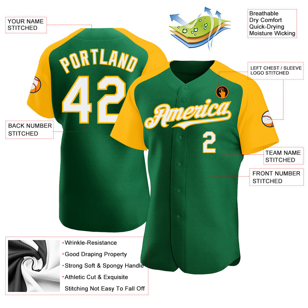 Custom Kelly Green White-Gold Authentic Raglan Sleeves Baseball Jersey view 3