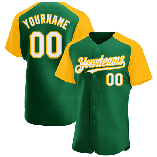 Custom Kelly Green White-Gold Authentic Raglan Sleeves Baseball Jersey - Main View