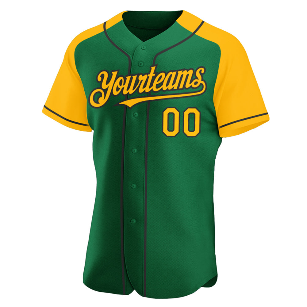 Custom Kelly Green Gold-Black Authentic Raglan Sleeves Baseball Jersey view 2