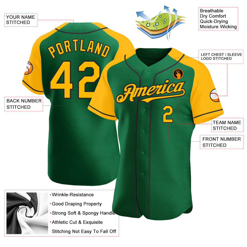 Custom Kelly Green Gold-Black Authentic Raglan Sleeves Baseball Jersey view 3