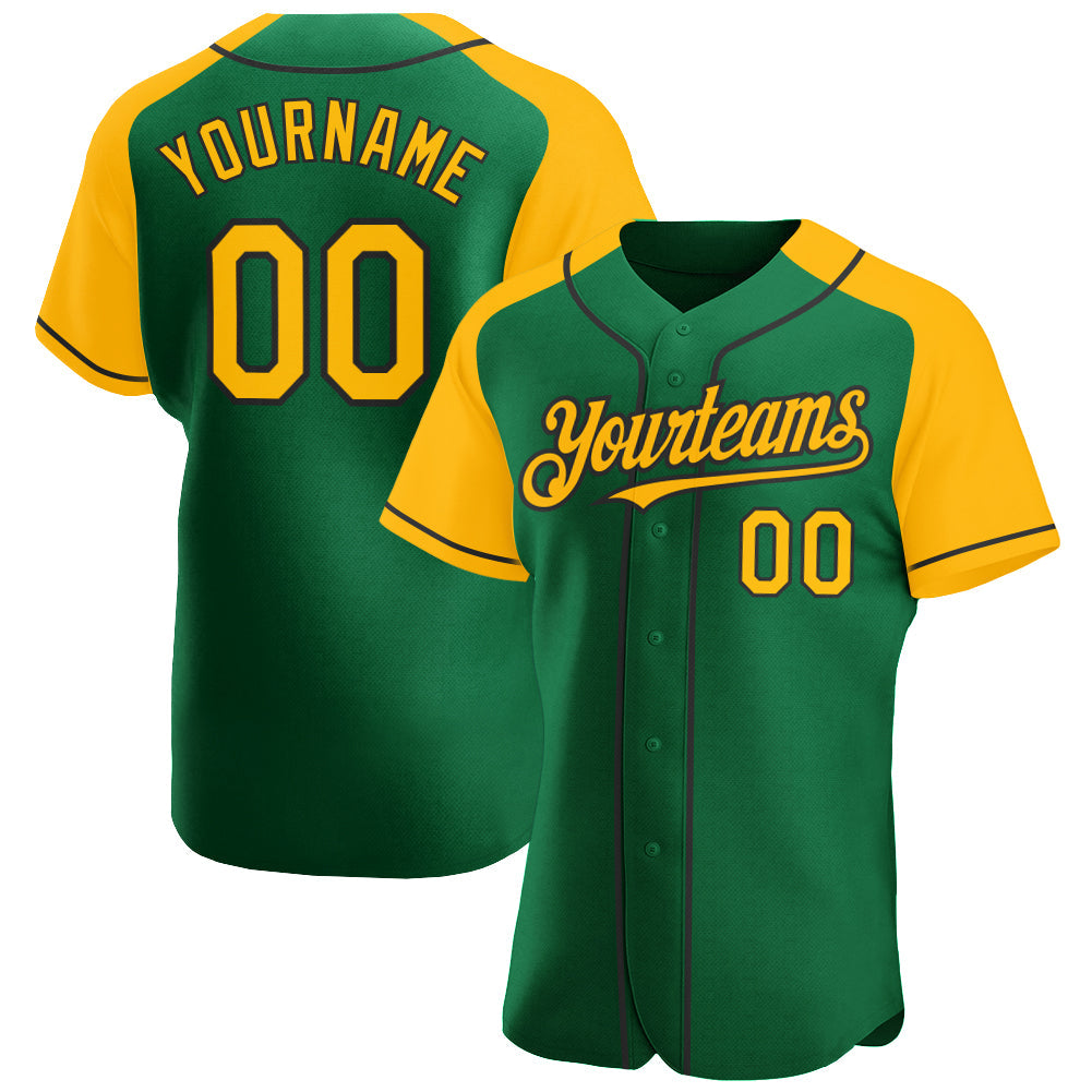 Custom Kelly Green Gold-Black Authentic Raglan Sleeves Baseball Jersey - Main View