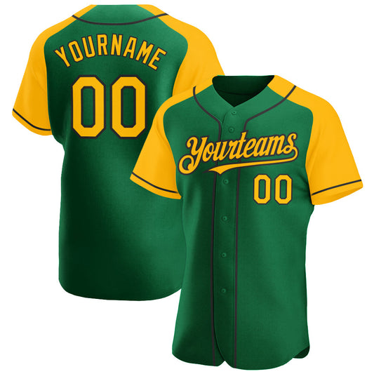 Custom Kelly Green Gold-Black Authentic Raglan Sleeves Baseball Jersey - Main View