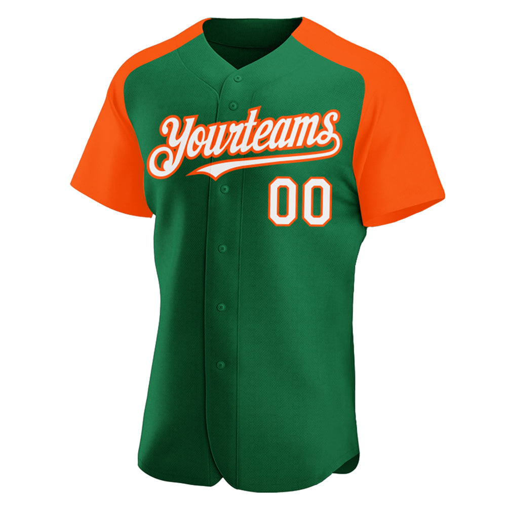 Custom Kelly Green White-Orange Authentic Raglan Sleeves Baseball Jersey view 2