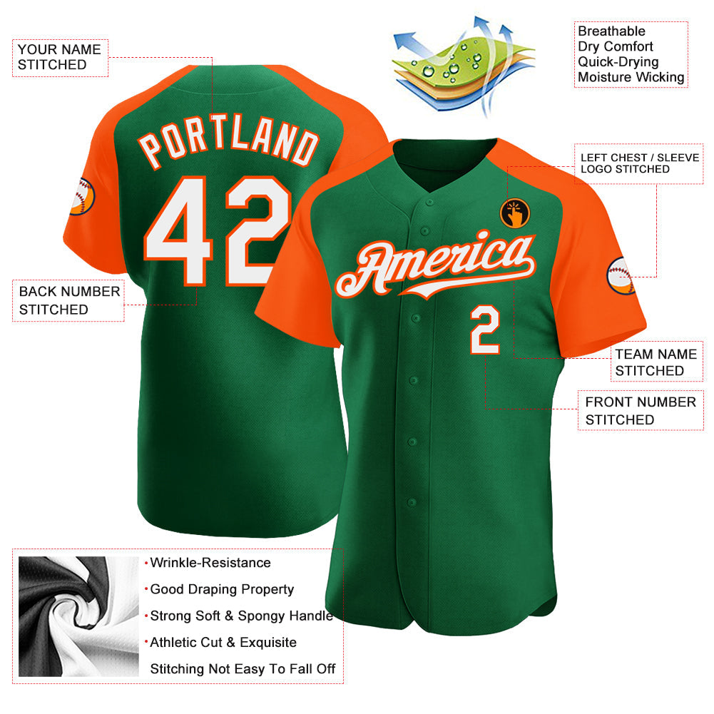 Custom Kelly Green White-Orange Authentic Raglan Sleeves Baseball Jersey view 3