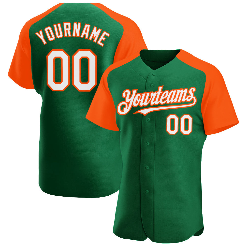 Custom Kelly Green White-Orange Authentic Raglan Sleeves Baseball Jersey - Main View