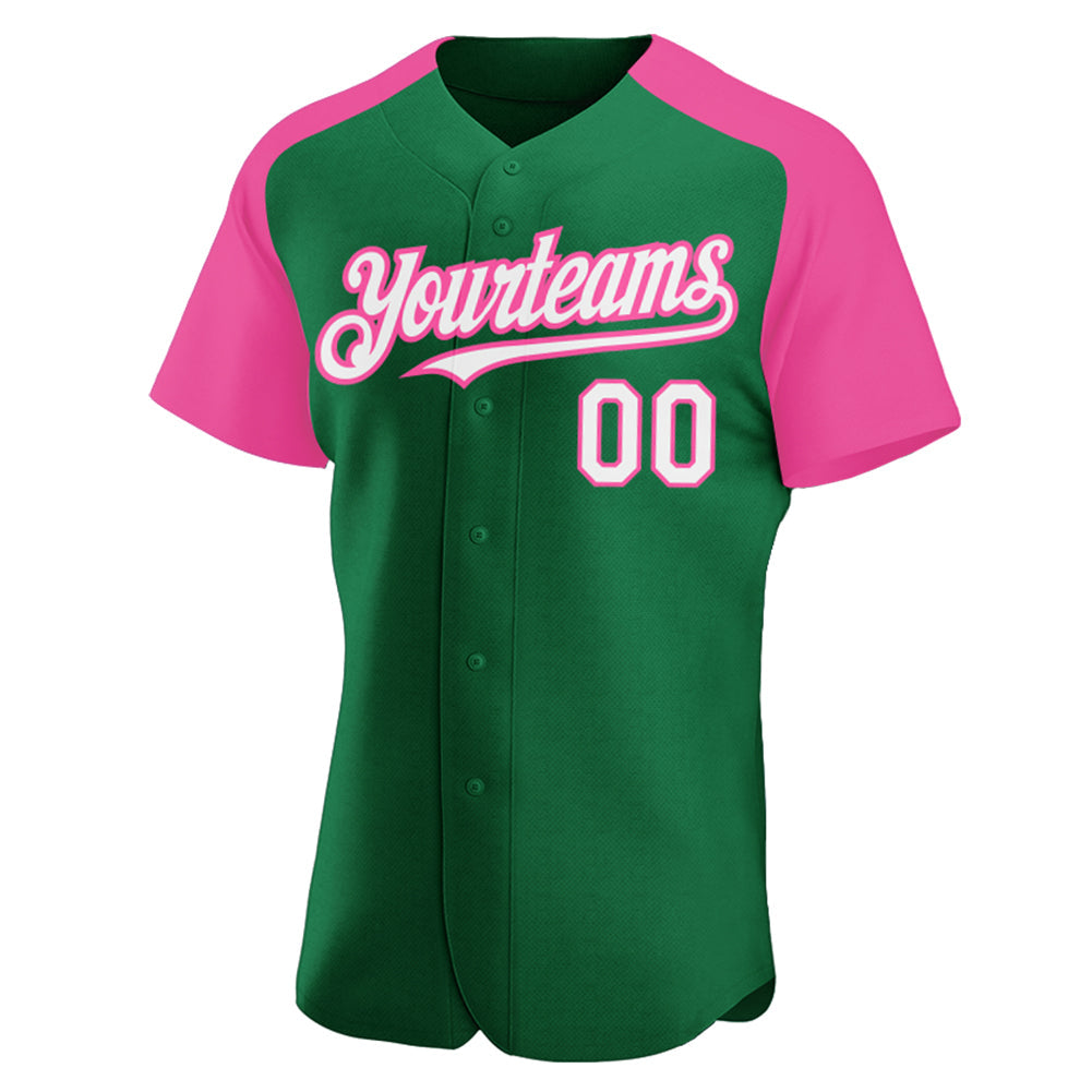 Custom Kelly Green White-Pink Authentic Raglan Sleeves Baseball Jersey view 2