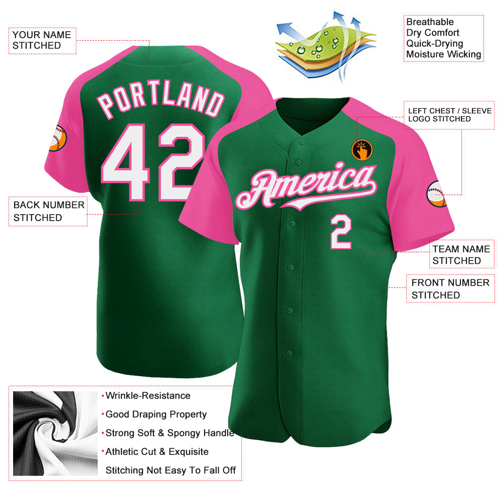 Custom Kelly Green White-Pink Authentic Raglan Sleeves Baseball Jersey view 3